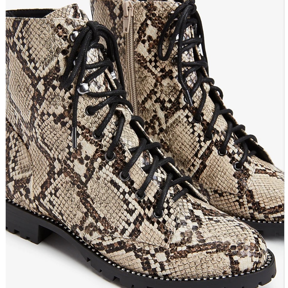 Express Snakeskin Print Rhinestone Combat Boots - 7